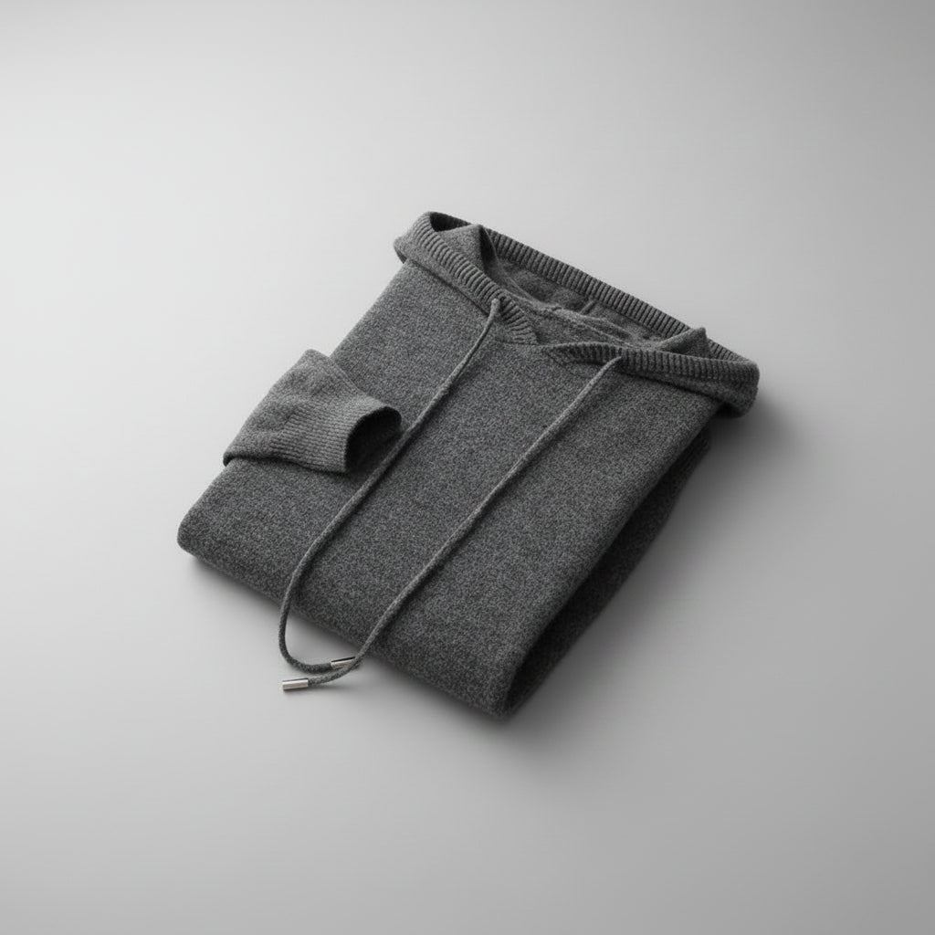 Gray sweater with a watch on a gray surface