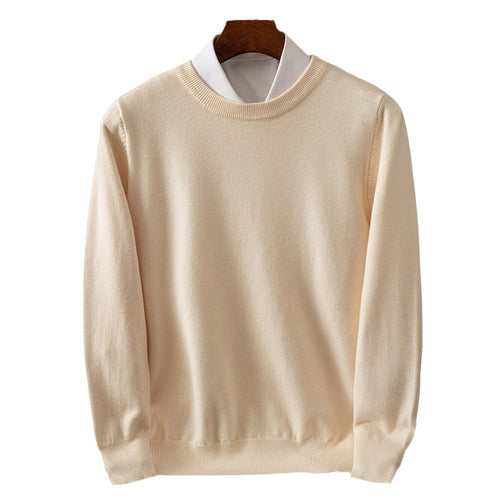 Beige sweater on a hanger with a white background